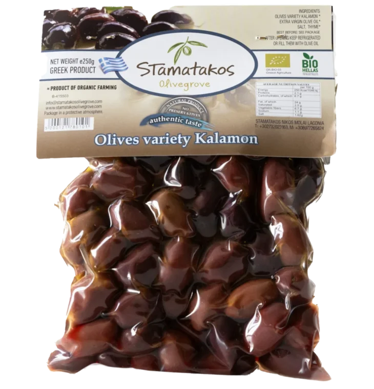 Ekologiškos „Kalamon“ veislės autentiško skonio  alyvuogės vakuume, 250 g.