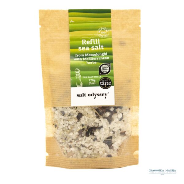 Rupios jūros druskos papildymas su Viduržemio jūros žolelėmis (malūnams)170 g.