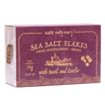 Jūros druskos dribsniai su česnaku ir baziliku, 75 g.