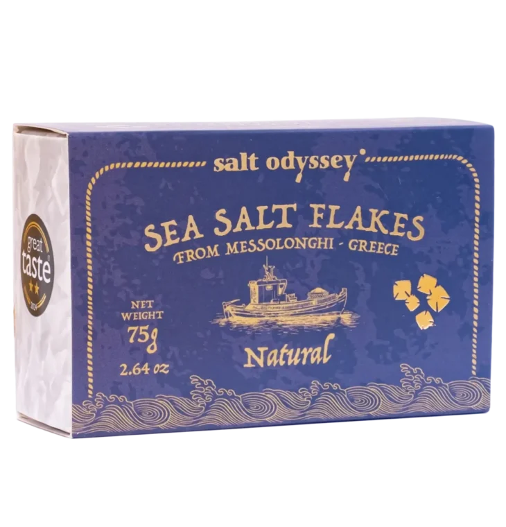 Natūralūs jūros druskos dribsniai, 75 g.