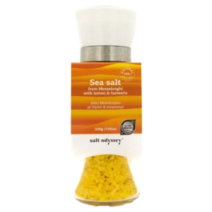 Salt Odyssey rupi jūros druska su citrina ir ciberžole malūnėlyje 190 g – reguliuojamas malūnėlis