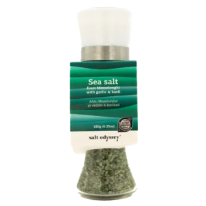 Salt Odyssey rupi jūros druska su česnaku ir baziliku malūnėlyje 180 g – reguliuojamas malūnėlis