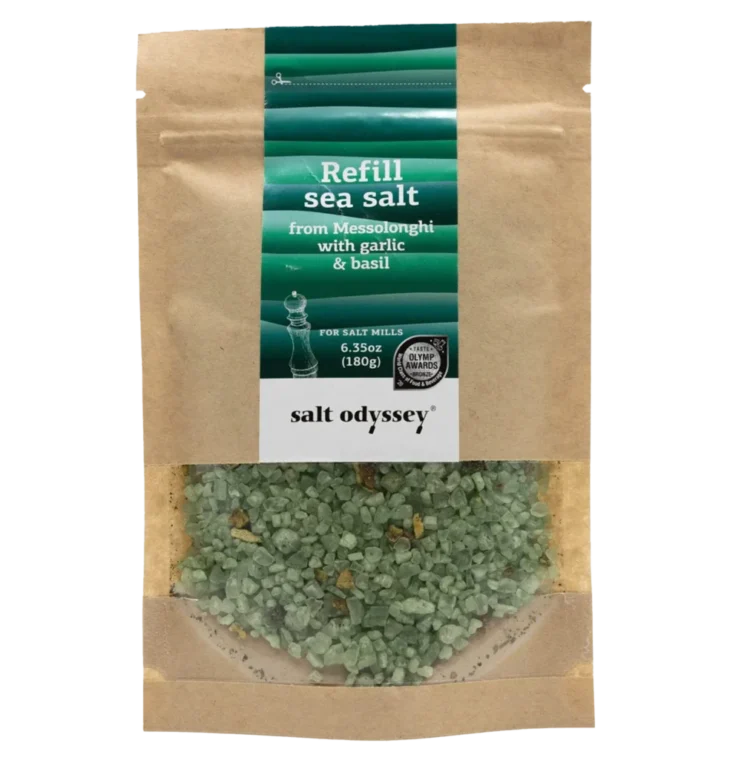 Rupios jūros druskos papildymas su česnaku ir baziliku (malūnams), 180 g.