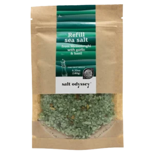 Rupios jūros druskos papildymas su česnaku ir baziliku (malūnams), 180 g.