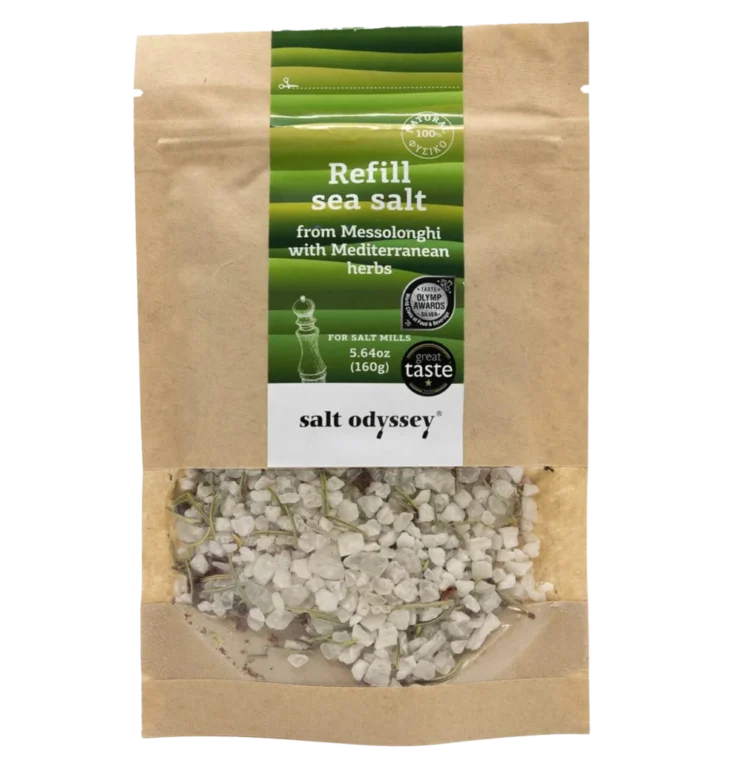 Rupios jūros druskos papildymas su Viduržemio jūros žolelėmis (malūnams)160 g.